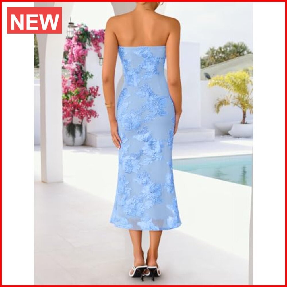Strapless Floral Midi Dress Bodycon Mesh Formal Cocktail Party - Picture 5 of 7